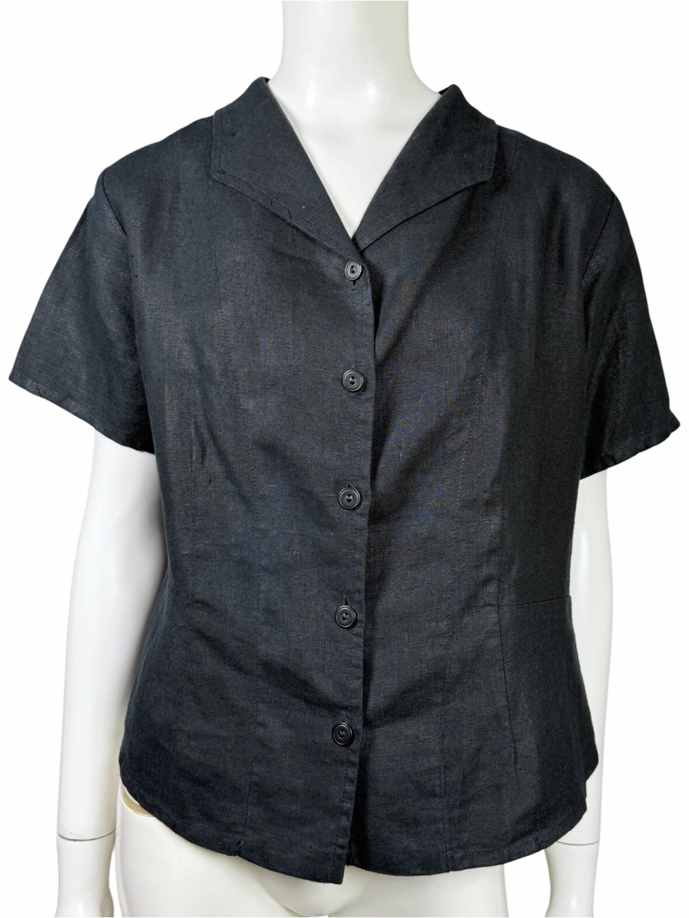 FLAX Black 100% Linen Button Front Camp Collar Blouse Made in Lithuania Size S